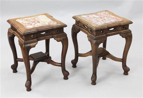 A pair of Chinese rosewood (hongmu) and marble topped stands, late 19th century, height 47cm